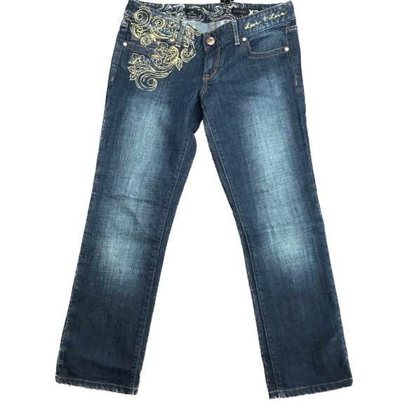 Express X2 Dark Wash Gold Floral Embroidered Zelda Boot Cut Jean, Women’s Size 6 - Picture 5 of 15